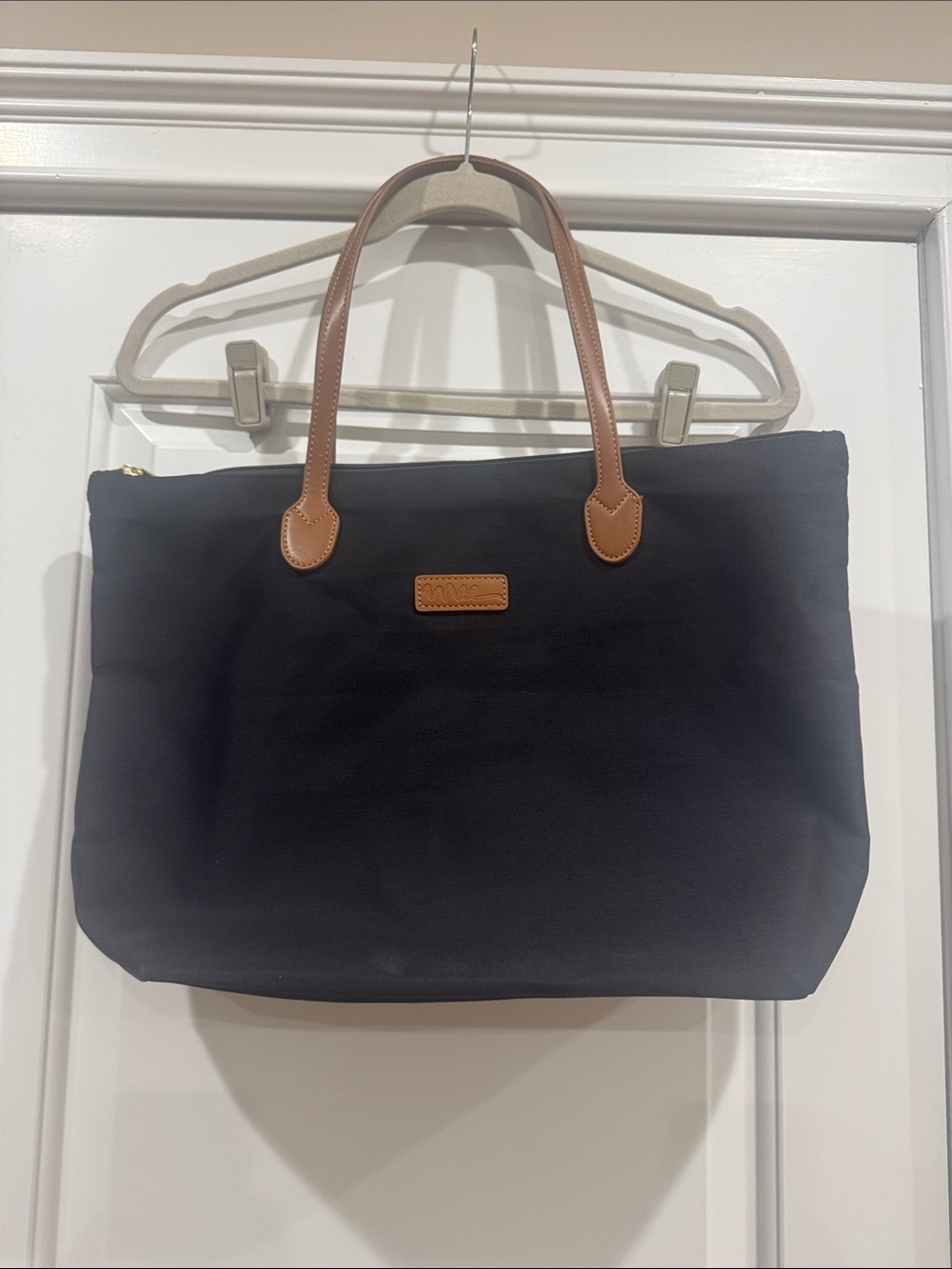 Classic Black Tote Bag with Brown Leather Handles